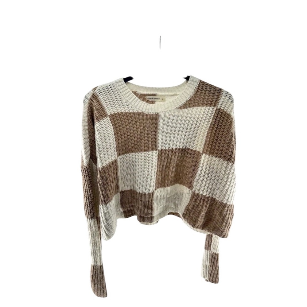 Women's Moon & Madison Crème & Brown Checkered Cropped‎ Pullover Sweater Sz L